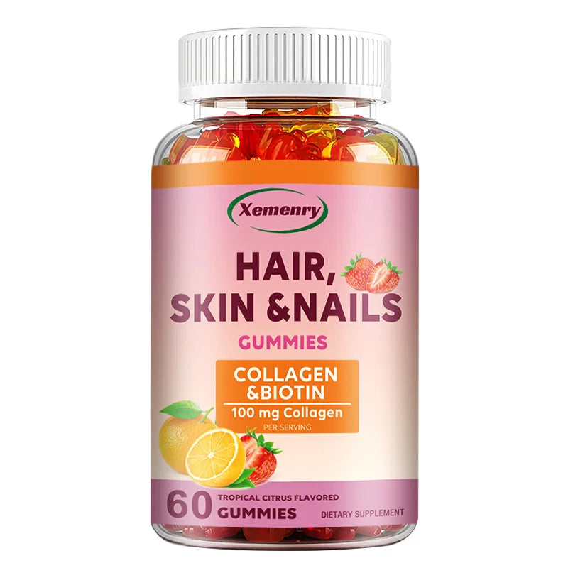 Hair, Skin & Nails Vitamins - Contains Biotin, Collagen - Promotes Hair Growth, Nourishes Skin, Strengthens Nails - 60 Gummies